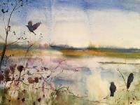 View across water with foreground trees and grasses. Three crows on branches