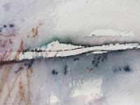 Abstact landscape with reeds against a blue grey background with pale hills