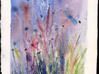 Two dragonflies dancing in blue/pink/blue reeds