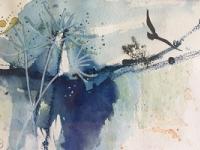 Semi-abstract with bird flying over water and hog weed in foreground.