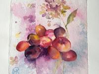 Plums and nectarines collaged onto a pink/pale blue background with a painted pi