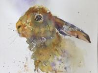 Profile of hare with blue/mauve background
