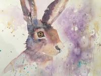 Brown hare sitting amongst dandelion seed heads against a mauve background