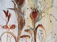 Dark brown seeh heads against a blue/lemon background watercolour/ink