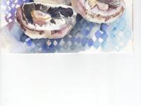 Three mushrooms on a blue gingham cloth