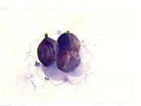 Three figs on blue patterned plate 