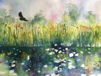 Sparkling Water with reeds and bird flying