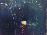 Dark blues with gold flecks suggeting moon lit water