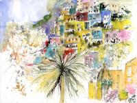 Colourful houses on the hillside, trees and church in forefround