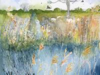 Blue water, reeds, birds distant trees . Wicken Fen