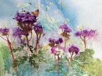 Purple and white meadow flowers against a blue background with brown butterfly.