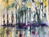 Blue green trees with rooks circling above and bluebells below with reflection