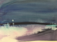 Dark blue night sky with moon on the sea and shore line