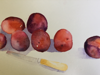 Plums with a silver paring knife on the table