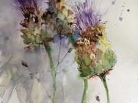 Purple headed thistles against a blue/mauve background and suggestions of flying