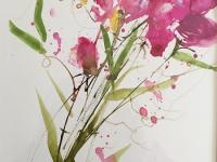 Pink and mauve sweetpeas growing towards the right corner with leaves