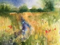 Distant trees river and meadow flowers