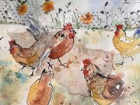 Quirky chickens in mixed media