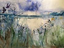 Birds flying across the broad fringed with cow parsley. Greens and blues