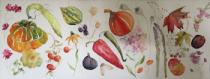 Autumn Fruits, flowers and vegetables arranged along a long panel