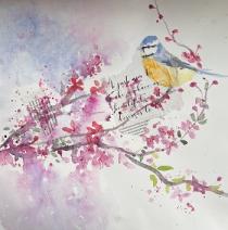 A blue tit in apple blossom with background collaged words