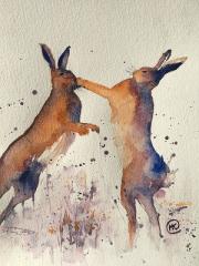 Two brown hares boxing with brush marks creating movement.