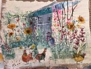 Mixed media on cardboard allotment with flowers and chickens