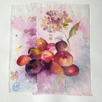 Plums and nectarines collaged onto a pink/pale blue background with a painted pi
