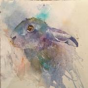 Blue/mauve hare in profile against a loosely defined background on white