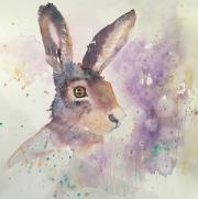 Brown hare sitting amongst dandelion seed heads against a mauve background