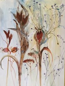 Dark brown seeh heads against a blue/lemon background watercolour/ink