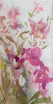 Pink flowers dancing against a pale background