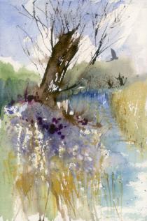 Old tree leaning into the water with flowers on bank in foreground