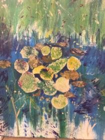 Green background reeds with large lily pads collaged onto blue water.