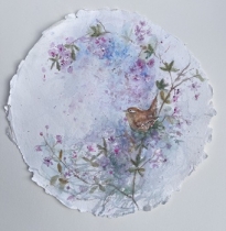 Wren sitting in a blossom tree - pinks and blues
