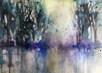 Trees and reflections in water with birds.