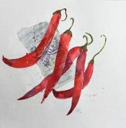 Five red chillies against a collaged label