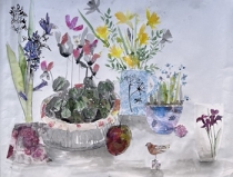 Collage, ink and watercolour flowers and containers on a table top