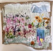 A variety of supports, containers, birds and flowers including sunflowers in all