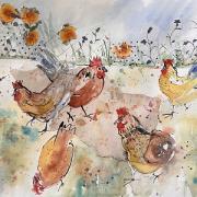 Quirky chickens in mixed media