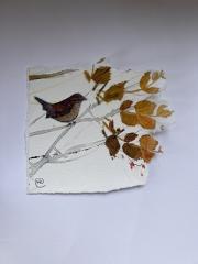 Small brown bird blown with the Autumn leaves