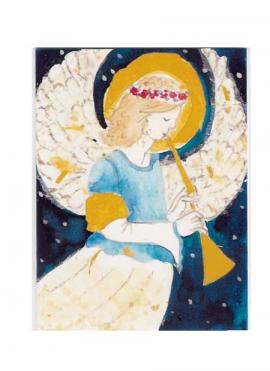 winged angel blowing trumpet in profile
